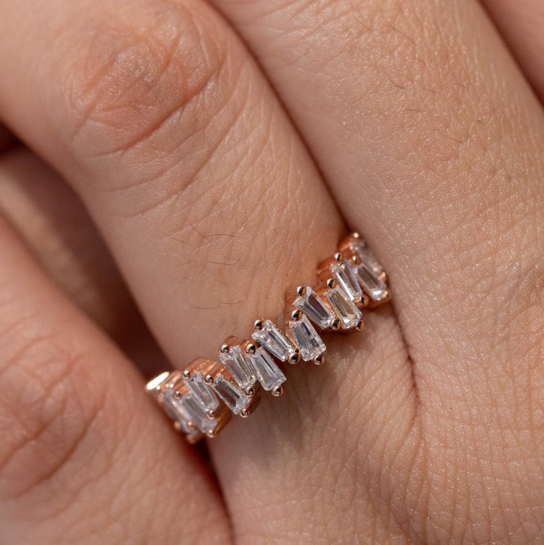 Baguette Diamond Ring 14K Rose Gold Baguette Half Eternity Ring