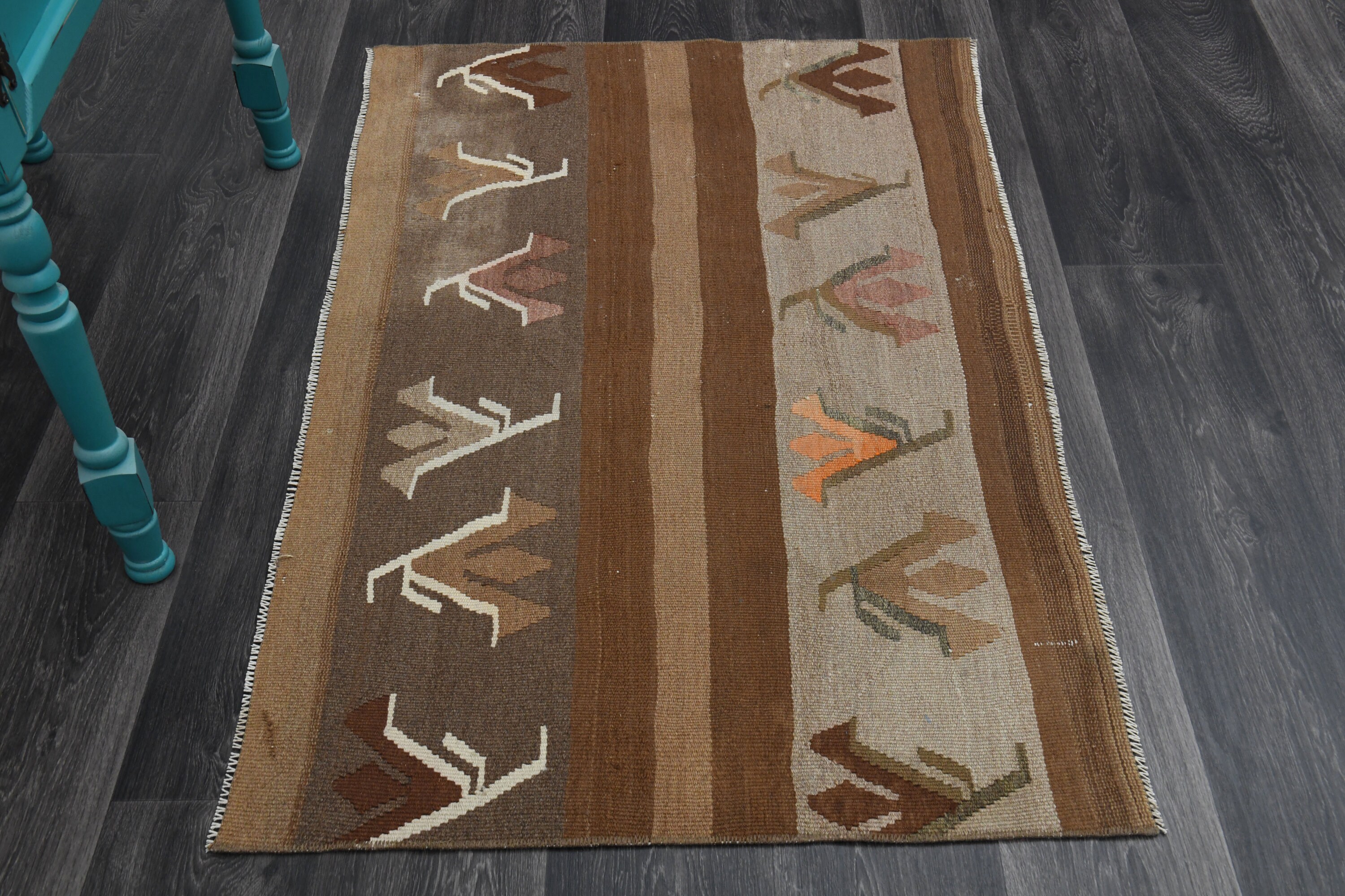 トルコ　ヴィンテージラグ　ランナーラグ　ブラウン系 ヴィンテージラグ、3x13ランナーラグ、トルコラグ、ヘルキラグ