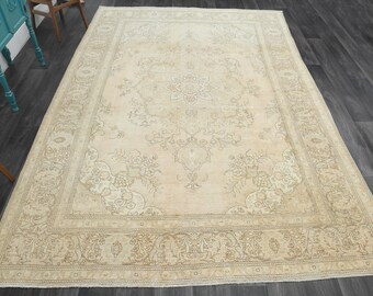 7.9x12 ft, OVERSIZED VINTAGE RUG, Area Rug, Handmade Wool Rug, Farmhouse Decor, Rugs For Living Room, Beige Washable Rug, Bohemian Decor,