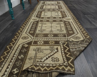 3x11 Beige Brown Vintage Turkish Rug, Handmade Oushak Rug, Home Decor, 3x11 Runner Rug, Kitchen Hallway Rug, Antique Wool Rug, Geometric Rug