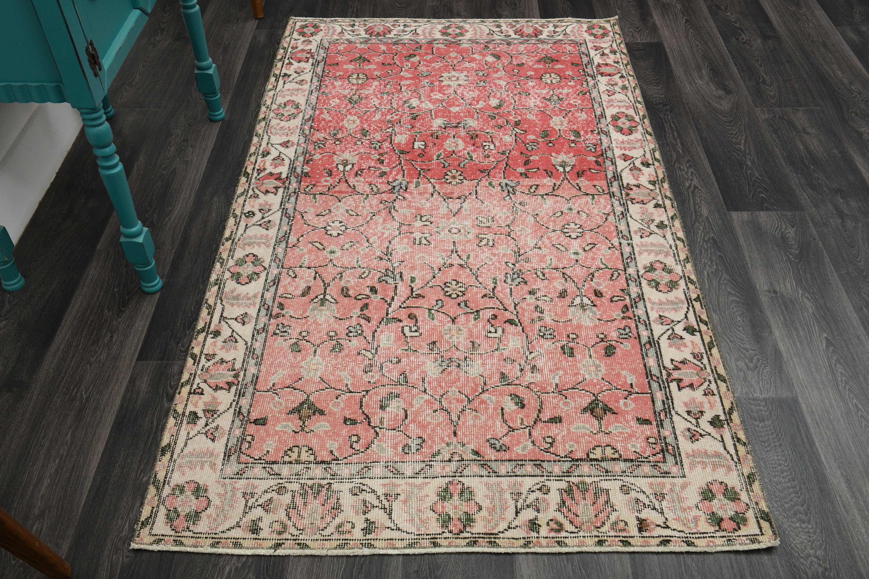 3.8x6.5 Ft, VINTAGE TURKISH Rug, FLORAL Handmade, Farmhouse