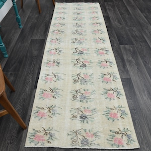 2.8x9.2 ft, Vintage Turkish Runner, Handmade Oushak Runner Rug, Wool Carpet, Boho Farmhouse Decor, Beige, Hallway, Kitchen, Bathroom, Floral