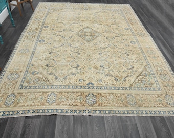 9.5x12.6 ft, PERSIAN VINTAGE RUG, Area Rug, Oushak Rug, Handmade Rug, Wool Rug, Brown Blue Carpet, Farmhouse Decor, washable Nursery Rug