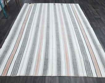 6.9x9.2 ft, STRIPED White Gray Rug, Turkish Rug, Oushak Rug, Wool, Handmade, Room Decor, Living Room Rug, Turkey Rug, Washable, Vintage rug