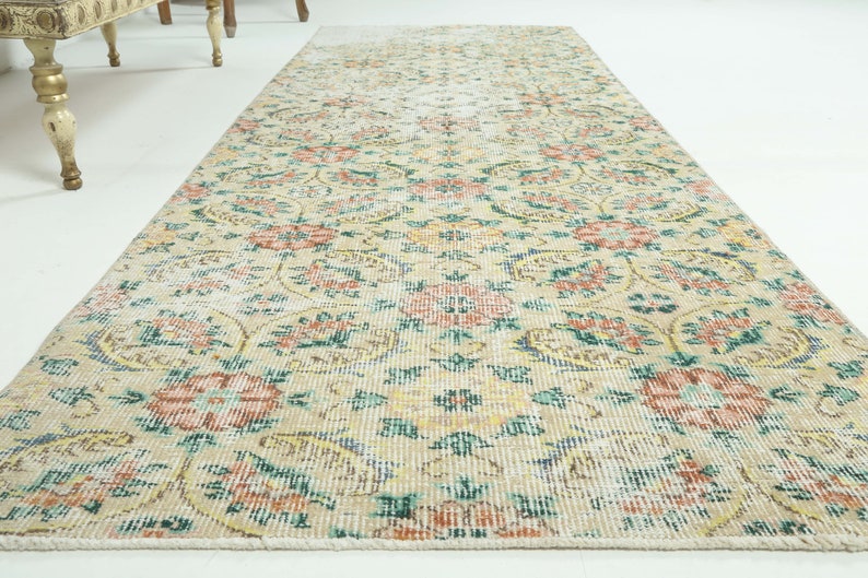Runner Rug Boho Decor Hallway Boho Decor Kitchen Beige Floral Wool Carpet Handmade Oushak 2.8x8 ft Vintage Turkish Runner