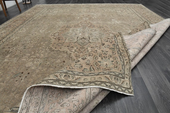 10x13 フェードブラウン トルコ製ラグ、ハンドメイドウールラグ