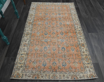 シャビー　グレープフルーツオレンジ　✳︎グリーン　ラウンド　トルコヴィンテージラグ 4x6 ヴィンテージ トルコ製ラグ、色あせたオレンジグリーンラグ