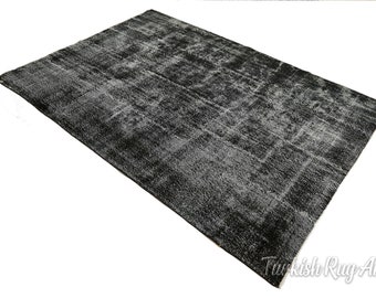 7.2x10.4 ft, TURKISH VINTAGE DECORATIVE Area Rug, Saloon Rug, Black Rug, Handmade Rug, Decor Rug, Boho Rug, Oushak Rug, Wool Rug, Solid Rug