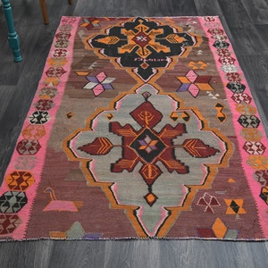 4x7 ft, VINTAGE Rug, Turkish Rug, Area Rug, Oushak Rug, Wool, Handmade, Farmhouse Decor, Bohemian, Pink Kilim, SHABBY CHIC, Flatweave Carpet