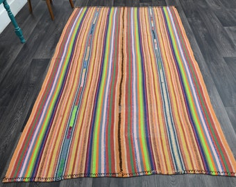 4.9x8.1 ft, TURKISH KILIM Rug, Vintage Rug, Oushak Rug, Flatweave Rug, Wool, Bathroom Rug, Handmade,  Ethnic Carpet, Colorful Striped Rug