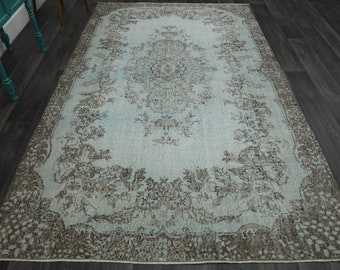 6.3x10 ft, Antique Oriental Rug, Living Room Rug, Vintage Rug, Turkish Rug, Blue Rug, Wool, Oushak Rug, Handmade, Home Decor, Faded Carpet