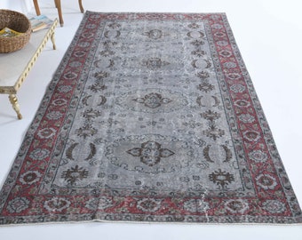 Alfombra turca de 1,5 x 2,7 m, estilo vintage, Oushak, hecha a mano, de lana, para sala de estar, decoración rústica, gris, con borde floral.