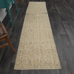 2.6x10.3 ft, Vintage Turkish Runner, Oushak Runner, Wool Handmade Carpet, Farmhouse Decor, Beige, Hallway, Kitchen, Bathroom, Floral Rugs