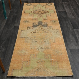 3x9 Ft, Vintage Wool Runner, Turkish Runner, Handmade, Orange Carpet, Farmhouse Decor, Hallway, Kitchen, Oushak Runner, Geometric Rug Runner