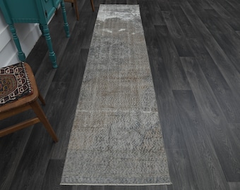 2.4x10.6 ft, HALLWAY Runner, TURKISH Runner, GEOMETRIC, Vintage Runner, Wool, Handmade, Oushak Runner, Bohemian Runner, Gray, Rug, Carpet