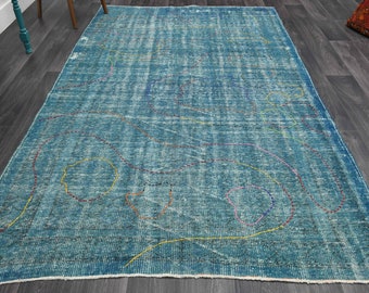 5.8x9.8 ft, TURKISH Rug, Vintage Oushak Rug, Area Rug, Wool, Boho Decor, Rug for Living Room, Turkey Rug, Handmade, Overdyed Blue Carpet