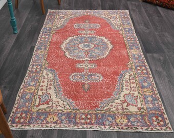 4x7 Vintage Turkish Carpet, Oushak Handmade Wool Rug, Red Oriental