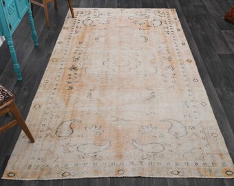 手作りのオレンジ色のトルコ絨毯 - ヴィンテージの花柄ウシャク絨毯（4