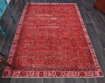 6.3x8.8 ft, VINTAGE RED Area Rug, Handmade Wool Rug, Floral Rug, Boho Rug, Oriental Rug, Turkish Rug, Decor Rug, Shabby Chic, Boho Decor