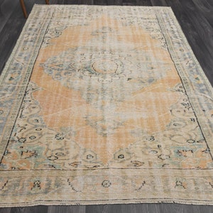 5.9x8.2 ft, Pastel Orange VINTAGE Rug, TURKISH Rug, Oushak Rug, Antique, Wool, Handmade, Room Decor, Living Room, Distressed Medallion Rugs