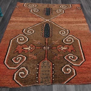 3.9x4.9 ft, VINTAGE Rug, TURKISH Rug, Kitchen Rug, Handmade, Wool Rug, Oushak Rug, Bohemian Style, Farmhouse Decor, Orange Oriental Carpet
