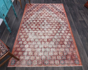 5.2x8.5 ft, VINTAGE RETRO Area Rug, Handmade Wool Rug, Floral Rug, Boho Rug, Oriental Rug, Turkish Rug, Decor Rug, Shabby Chic, Red Decor