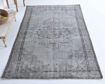 Alfombra turca vintage de 1,6 x 2,7 m, Oushak, hecha a mano, de lana, para sala de estar, decoración rústica, oriental con borde gris.