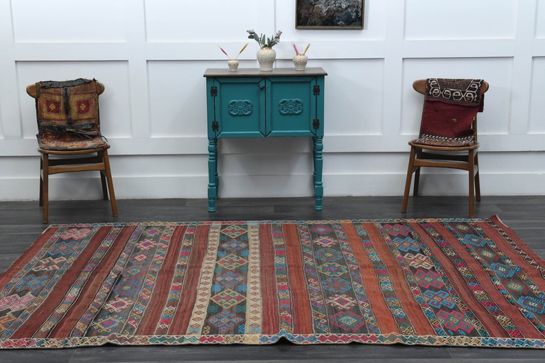 6.3x9.6 Ft Faded Orange Black TURKISH Kilim, Vintage Oushak Wool Rug, Flatweave Carpet, Living Room Rug, Handmade, Home Decor, 6x10 Area Rug image 4