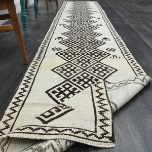 3x15 White Black TURKISH Rug, Handmade Vintage Oushak Rug, Wool