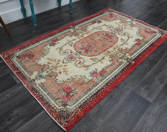 4x6.8 ft, TURKISH Rug, VINTAGE Rug, Oushak Rug, Area Rug, Wool Rug, Farmhouse Decor, Living Room Rug, Turkey Rug, Handmade, Beige Red Carpet
