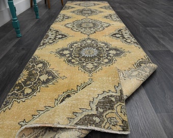 3x11.6フィート ニュートラルヴィンテージトルコラグ、ハンドメイド