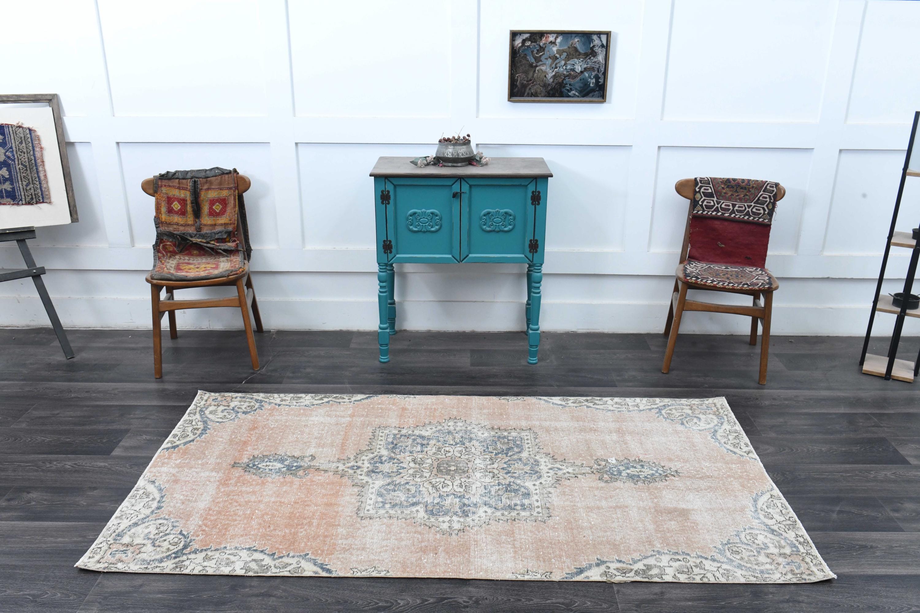 3.7x7.3フィート、メダリオン柄トルコ製ヴィンテージランナーラグ