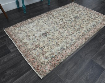 3.7x6.5 ft, VINTAGE BEIGE FLORAL, Turkish Rug, Washable, Handmade, Wool, Oushak rug, Home Decor, Entryway rug, farmhouse rug, kids room rug