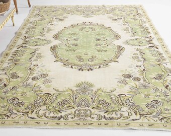 6.8x9.9 ft, TURKISH Rug, VINTAGE Rug, Carpet Rug, Area Rug, Oushak Rug, Wool Rug, Room Decor, Floral Rug, Living Room Rug, Turkey, Green