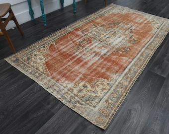 4.4x8 ft, TURKISH ORANGE RUG, Vintage Rug, Handmade, Wool, Oushak Rug, Area Rug, Farmhouse Decor, Colored Carpet, Bohemian Rug,