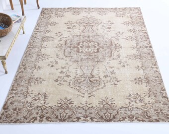 Alfombra turca de 1,7 x 2,7 m, estilo vintage, Oushak, floral, de lana, para sala de estar, hecha a mano, beige.