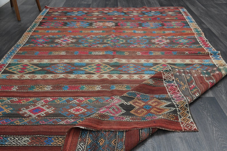6.3x9.6 Ft Faded Orange Black TURKISH Kilim, Vintage Oushak Wool Rug, Flatweave Carpet, Living Room Rug, Handmade, Home Decor, 6x10 Area Rug image 1
