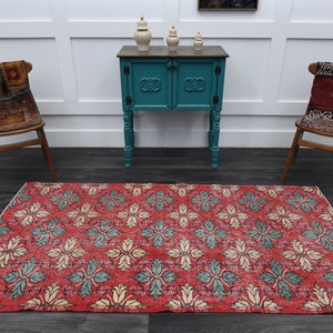 100x200cm, Türkischer Teppich, Oushak Teppich, Vintage Teppich, Roter Teppich, Überwurf, Flur, Wollteppich, Handgemacht, Kurzflor, Floral