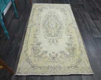 3.7x7.3 ft, GREEN BEIGE FLORAL Area Rug, Vintage Turkish Rug, Wool Oushak Rug, Living Room Rug, Bedroom Rug, Washable, Farmhouse Decor Rug