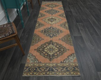 2.9x11.4 ft, TURKISH ORIENTAL Runner, VINTAGE Runner, Hand-Knotted, Wool,  Runner Rug, Turkish Rug, Hallway Runner, Home Decor, Orange, Rug