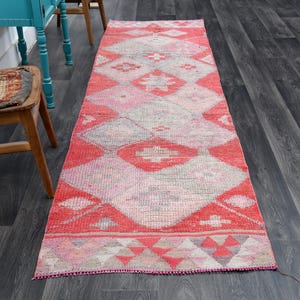 3x10 Pink Red Vintage Runner Rug, Handmade Turkish Vintage Rug, Home Decor, Oushak Rug, Wool, Kitchen Hallway Rug, Geometric Runner Rug