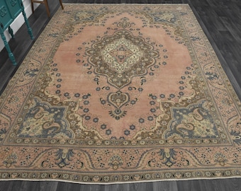 9.4x12.5 ft, VINTAGE OVERSIZED, TURKISH Rug, Area Rug, Oushak Rug, Pink, Hand-knotted, Shabby Chic, Turkey Carpet, Handmade, Farmhouse Decor
