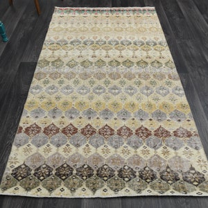 3.8x7 ft,Vintage Turkish Rug, Oushak Rug, Handmade, Small Area Rug, Wool, Neutral Carpet, Boho Decor, Bathroom, Kitchen, Retro Carpet