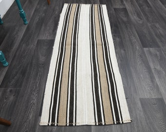 2.3x5.6 ft, TURKISH KILIM Runner, VINTAGE Runner, Oushak Runner, Flatweave Rug, Wool, Hallway Runner, Handmade, Striped White, Ethnic Carpet