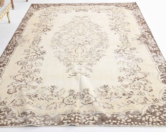 Alfombra turca de 1,7 x 2,7 m, estilo vintage, Oushak, floral, de lana, para sala de estar, hecha a mano, beige.