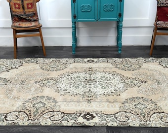 Alfombra turca de 1,5 x 2,7 m, estilo vintage, Oushak, floral, de lana, estilo rústico, para sala de estar, hecha a mano, beige.