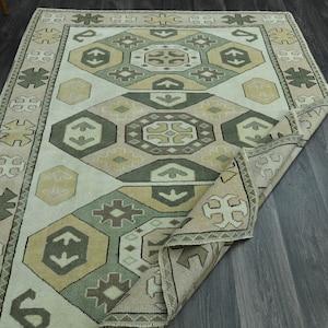 Tapete turco branco verde 5x7, tapete Oushak vintage feito à mão, tapete 5x7, lã, tapete para sala de estar, tapete antigo, quarto, decoração para casa, 5,4x6,8 pés