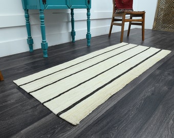 2.3x5.5 ft, TURKISH KILIM Runner, VINTAGE Runner, Oushak Runner, Flatweave Rug, Wool, Hallway Runner, Handmade, Striped White, Ethnic Carpet