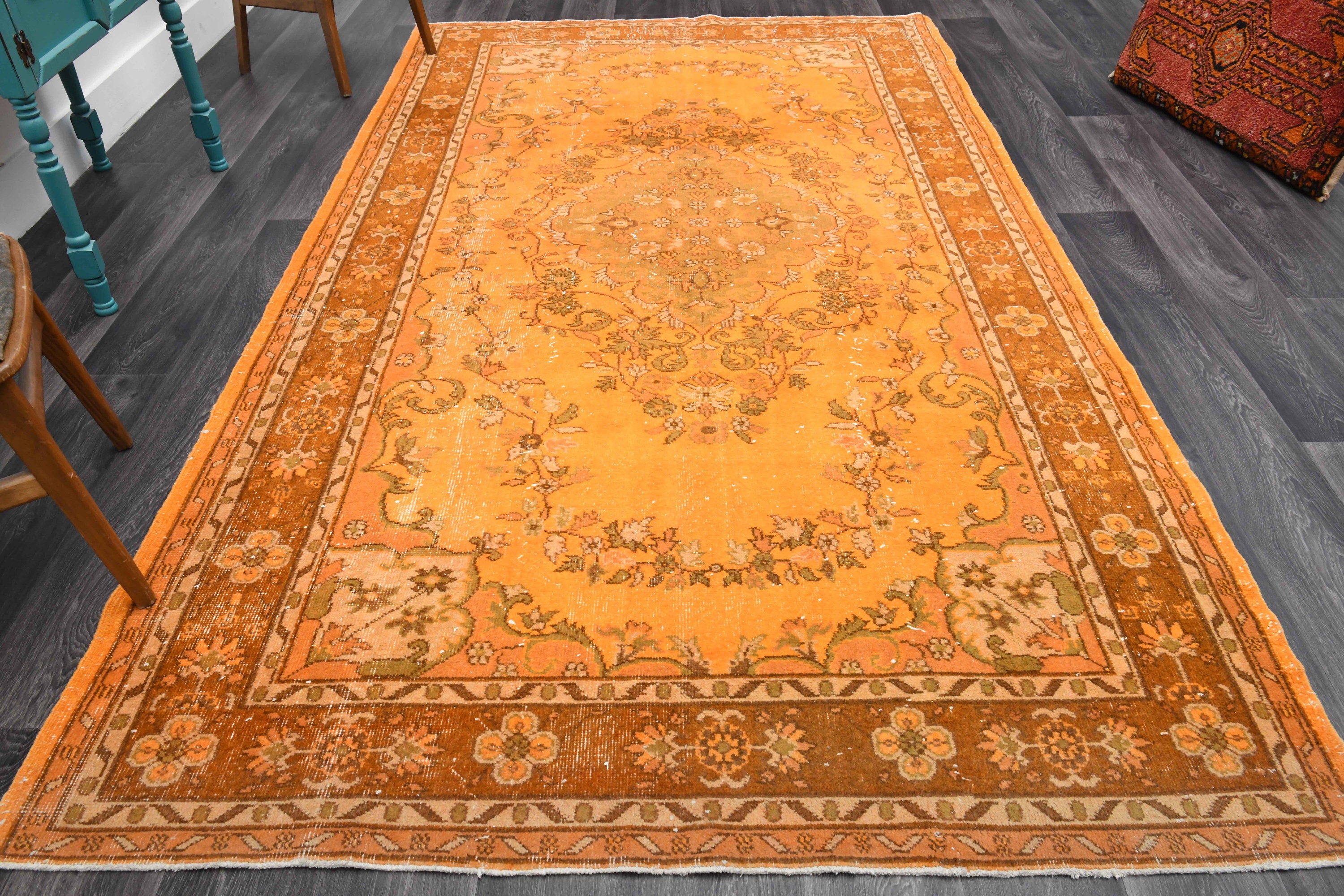 6x10.5 Ft, ORANGE, VINTAGE Rug, TURKISH Rug, Handmade 6x10.5 Ft, ORANGE, VINTAGE Rug, TURKISH Rug, Handmade
