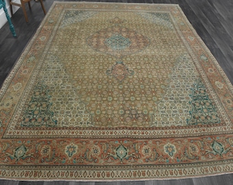 9.5x12.3 ft, BOHEMIAN DECOR VINTAGE Persian Area Rug, Wool, Handmade Persian Brown, Orange, Green Rug, Living Room Rug, Bedroom Rug, Special